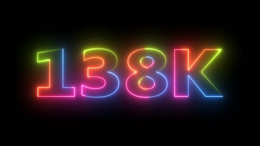 138K neon text flashing dynamic animation. Colorful glowing numbers motion graphic. Vibrant digital display footage.