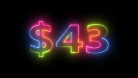 Forty-three dollar price tag animation; vibrant neon glowing digital sale offer; discount motion graphic footage. - Powered by Shutterstock - Get 15% off with code: PIKWIZARD15