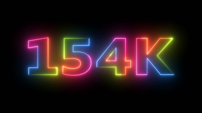 Dynamic colorful neon light 154K sign glowing on black background. Animated motion graphics video clip.