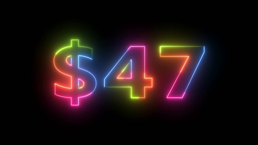 Dollar forty seven neon light colorful text; vibrant motion graphic clip.