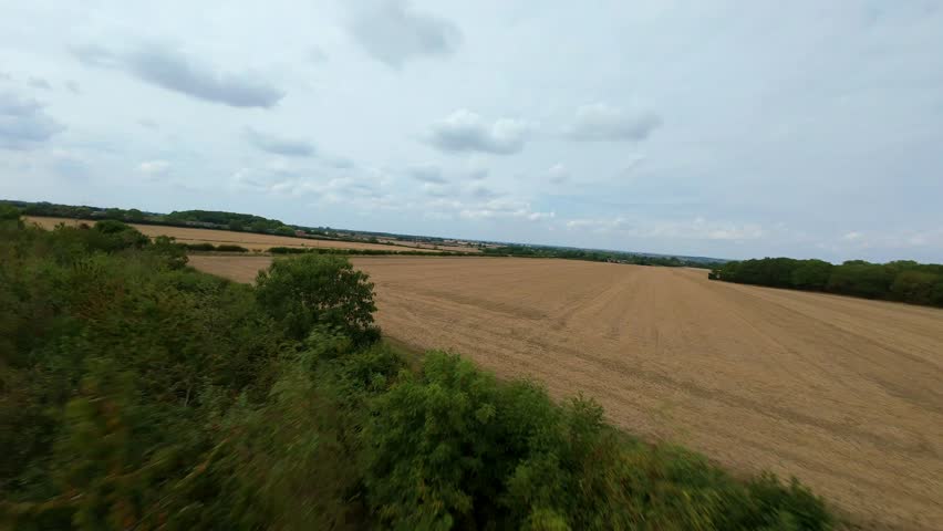 Cinematic FPV drone view flying across agricultural landscape with ripe crops and farmland under clear blue skies, UK