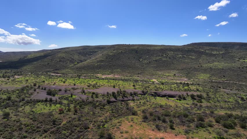 Aerial view of a verdant desert landscape with rolling hills under a bright blue sky dotted with fluffy white clouds, Scottsdale, Arizona, United States.