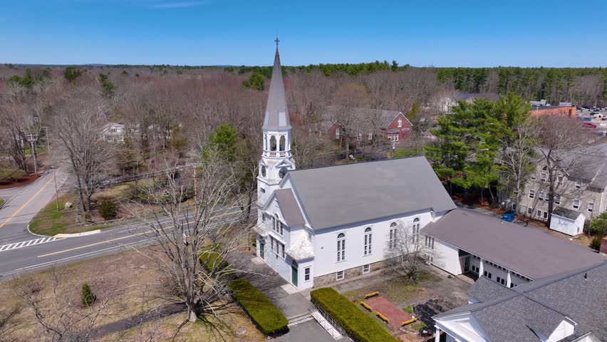 Trinitarian Congregational Church aerial view at 2 Pine Street in historic town center of Norton, Bristol County, Massachusetts MA, USA. 