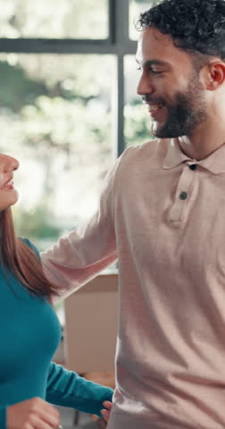 Face, hug and keys with happy couple in new home together for growth, mortgage or property investment. Moving house, relocation and smile with people embracing in apartment for real estate purchase