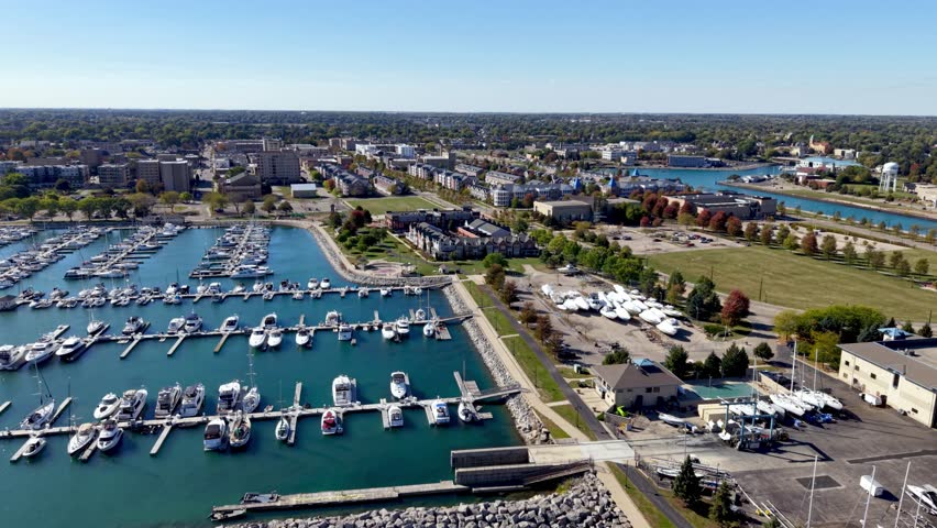 aerial pan over marina in kenosha wisconsin