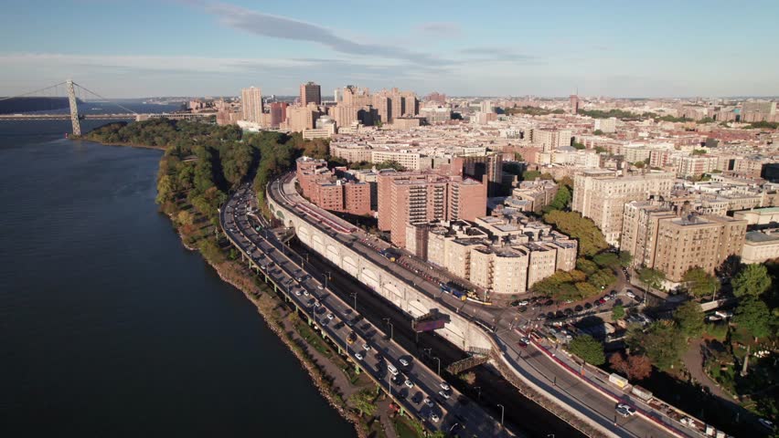 Washington Heights, New York. 4K aerial footage from Hudson River.