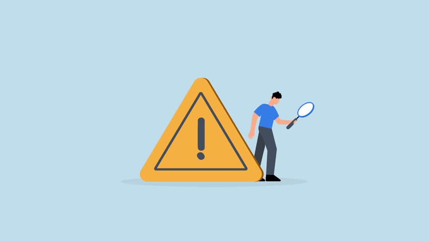 Incident management, Entrepreneur using a magnifying glass to examine an incident marked by an attention exclamation sign