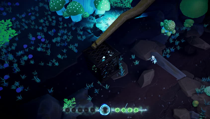 Dynamic isometric night combat in a glowing forest setting. A lone player faces spectral enemies in a fantasy world. Stylized graphics and magical action define this video game moment.
