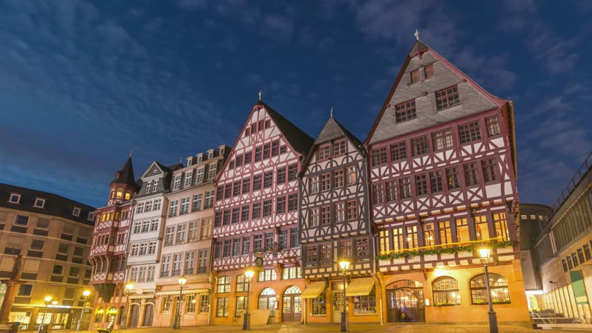 Frankfurt Germany time lapse night city skyline at Romer old town square