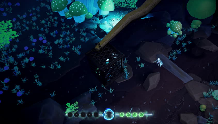 Isometric night fight in mystical forest. Player defends against glowing enemy using magic. A fake game sequence capturing fantasy tension in a video game style with heavy atmosphere.