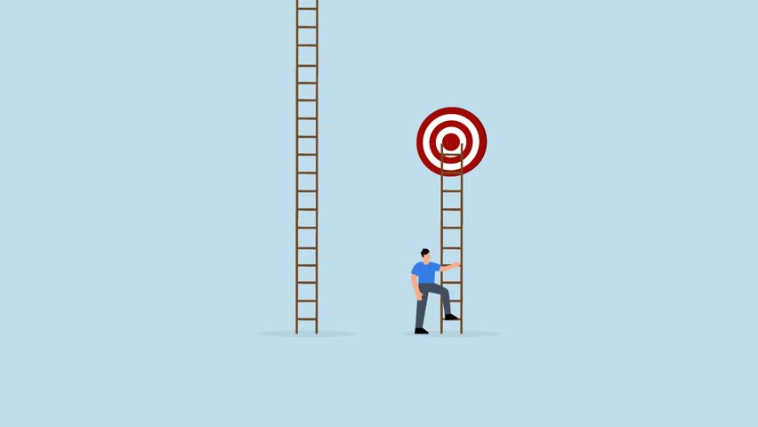 Focus on short term goal to achieve long term success, clever entrepreneur preparing to ascend the ladder to reach immediate objective