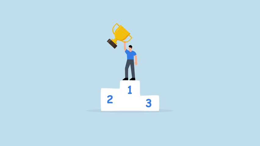 Business winning first place, proud entrepreneur holding champion trophy on first place podium under spotlight
