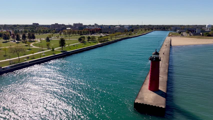 the north pier lighthouse aerial kenosha wisconsin