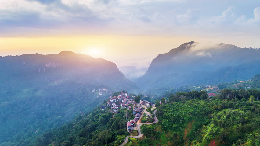 Aerial view of Pha hi village at sunrise, Chiang Rai, Thailand.