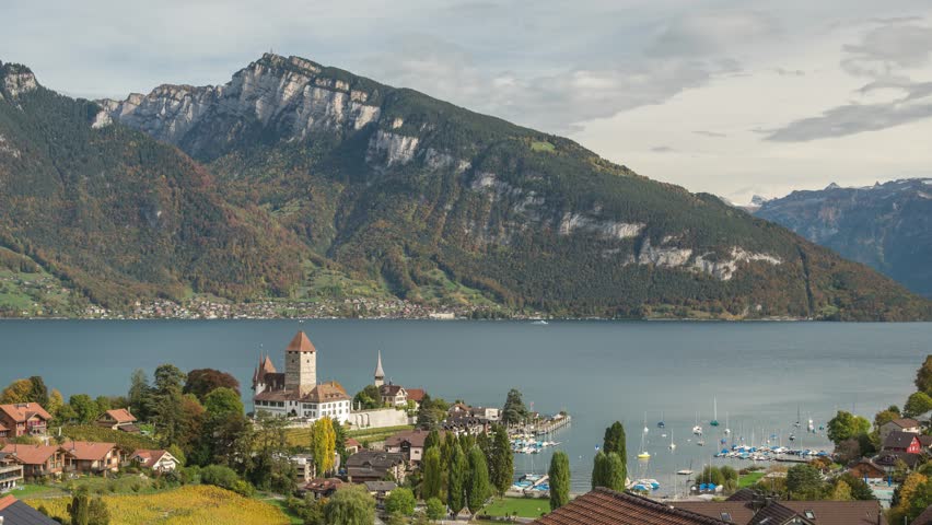 Spiez Switzerland time lapse city skyline at Lake Thun in autumn season