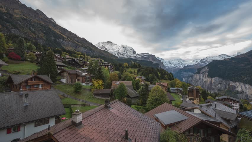 Wengen Switzerland time lapse nature landscape at village and Jungfrau peak in autumn season