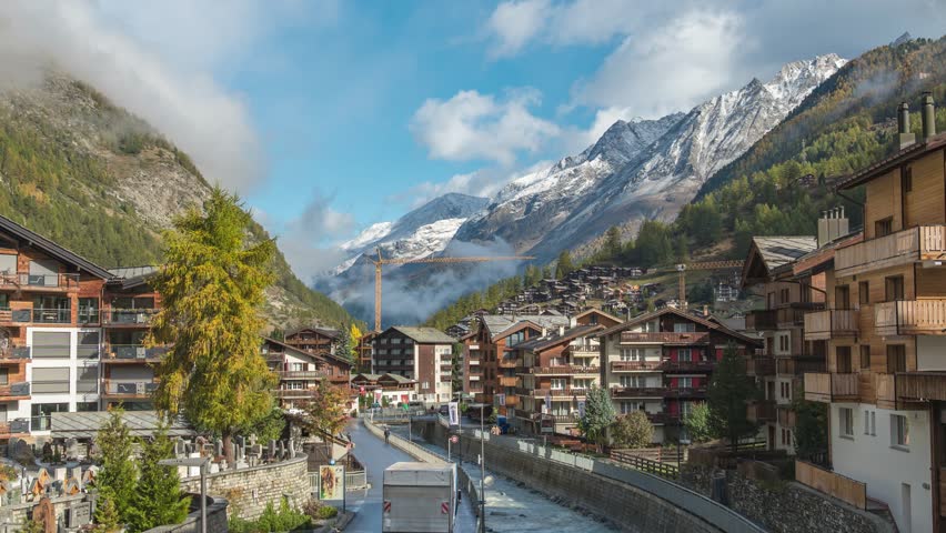 Zermatt Switzerland time lapse mountain city skyline and Matter Vispa Gornera River in autumn season