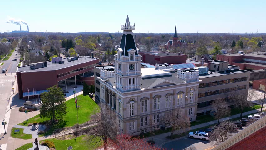 Monroe County District Court and Monroe City Hall aerial view on E 1st Street in historic downtown Monroe, Michigan MI, USA. 