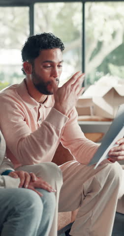 Moving, paperwork and people with stress on couch, overwhelmed and reading contract for title deed. Real estate, frustrated couple and review mortgage cost, worry and insurance price for relocation.