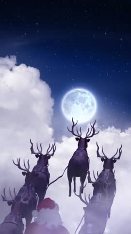 Animation of snow falling over christmas santa claus in sleigh with reindeer. Christmas, festivity, celebration and tradition concept digitally generated video.
