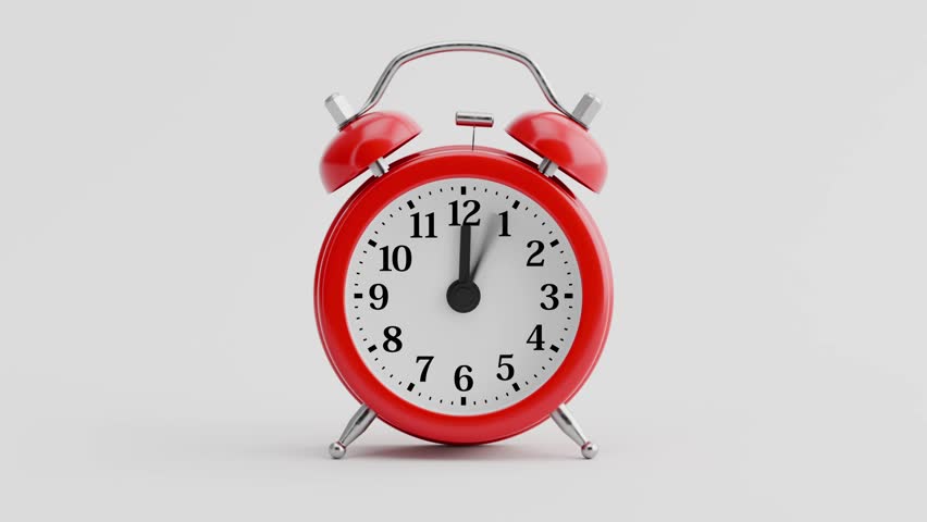 Red Alarm Clock with Hands that Move Quickly to Show the Passage of Time, Looping 3D Animation, Passing Time Concept, Front View