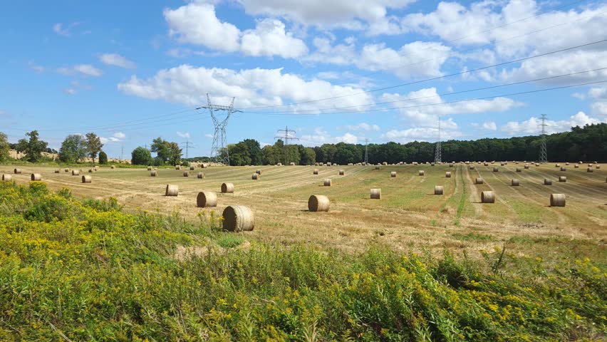 Idyllic Countryside Landscape with Hay Bales Under a Blue Sky