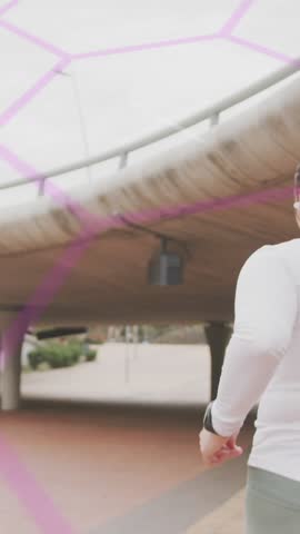 Animation of data processing over plus size caucasian woman exercising in city. Sports, active lifestyle, urban living and happiness concept digitally generated video.