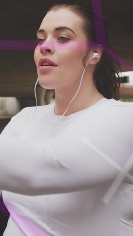 Animation of data processing over plus size caucasian woman exercising in city. Sports, active lifestyle, urban living and happiness concept digitally generated video.