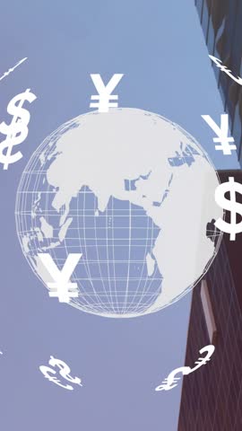 Global currency symbols animation over skyscraper and blue sky background. Finance, economics, skyscrapers, business, investment, trade