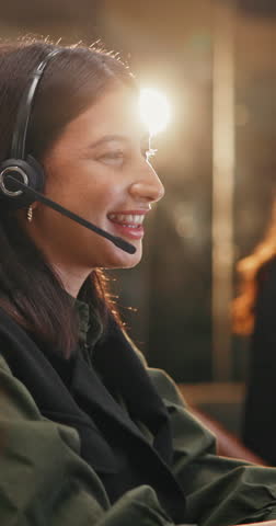 Call center, headset and talking with business woman in office for communication, contact us and night. Virtual advisor, discussion and customer service with person or agent for overtime help desk