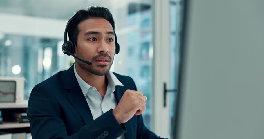 Computer, video call and man with notes, office and communication with client and wealth management. Flare, financial advisor and virtual meeting with headset, discussion and plan on web or online