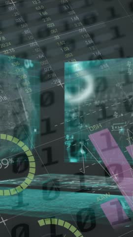 Animation of financial data processing and mathematical equations over black background. global business, connections, digital interface and technology concept digitally generated video.