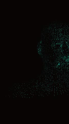 Animation of digital human over data processing on black background. Global science, computing and digital interface concept digitally generated video.