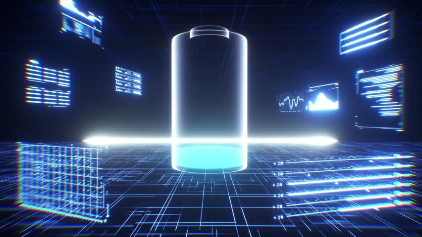 Glowing Digital Battery Icon Surrounded by Futuristic Data Panels and Grid Background, Symbolizing Advanced Technology and Energy Efficiency in Virtual Environment - Powered by Shutterstock - Get 15% off with code: PIKWIZARD15
