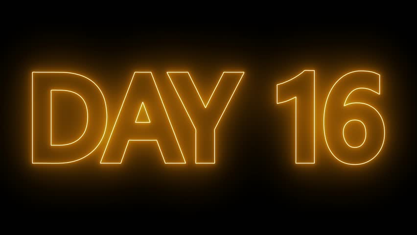 Animated glowing flickering neon inscription DAY 16. Day 16 neon text animation, calendar counter concept on black background