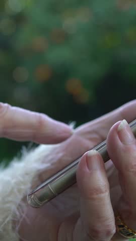 Old hands of grandmother holding a mobile phone. Grandma using and looking at smart phone in the garden house