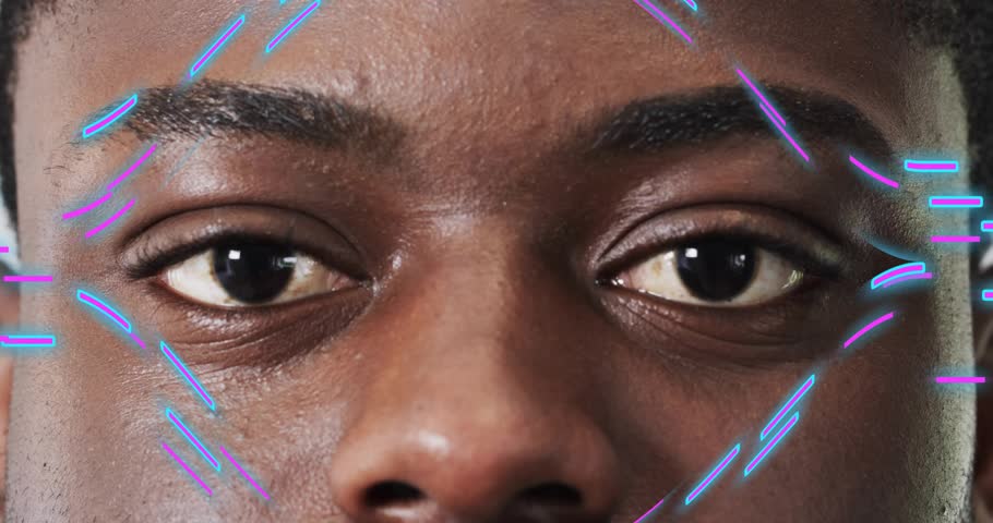 Man holding still generating neon AR overlays tracing facial features for technology demo. Futuristic, digital, innovation, technology, biometric, abstract, minimalistic