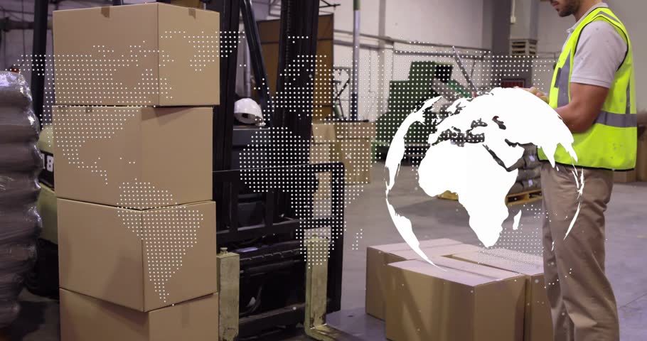 World map pulsing warehouse worker beside forklift boxes grabbing tablet swiping and recording data. Logistics, industrial, technology, inventory, commerce, supply chain, manufacturing