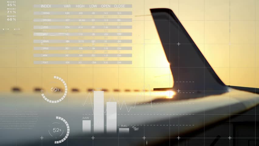 Sunset tail fin against sky while UI overlay fading in and pie charts spinning displaying data. Aviation, analytics, visualization, aerospace, technology, data, dashboard - Powered by Shutterstock - Get 15% off with code: PIKWIZARD15