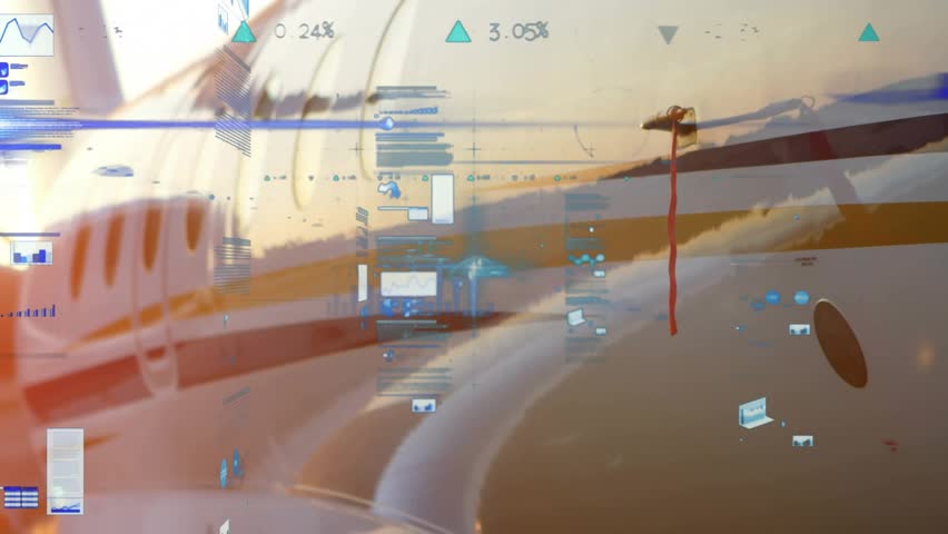 Sun glare starting data animating over jet engine intake and fuselage, charts visualizing data. Aviation, data visualization, futuristic, technology, infrastructure, analytics, speed - Powered by Shutterstock - Get 15% off with code: PIKWIZARD15
