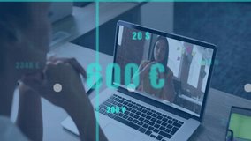 Woman starting laptop call for finance analysis, colleague gesturing behind rising bar charts. Business, data, analytics, technology, workspace, collaboration, modern - Powered by Shutterstock - Get 15% off with code: PIKWIZARD15