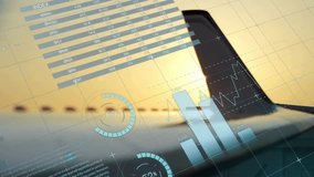 Sunset sky appearing behind aircraft tail starting overlays animating, visualizing flight metrics. Aerospace, data visualization, analytics, technology, engineering, innovation, sleek - Powered by Shutterstock - Get 15% off with code: PIKWIZARD15