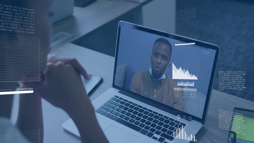 Female sitting desk taking notes as online meeting spawning data overlays illustrating presentation. Data visualization, remote collaboration, business analytics, digital interface, infographic - Powered by Shutterstock - Get 15% off with code: PIKWIZARD15