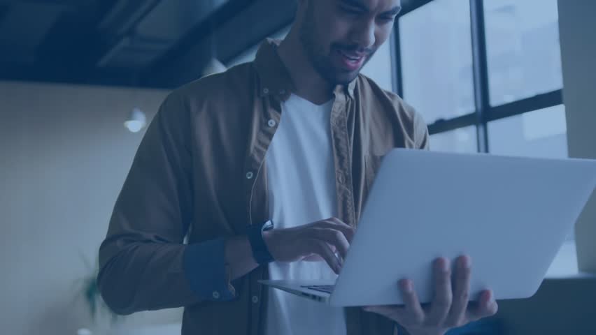 Developer typing on laptop activating code windows and raising bar charts for data analytics. Technology, innovation, analytics, data visualization, digital interface, futuristic, business - Powered by Shutterstock - Get 15% off with code: PIKWIZARD15