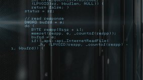 Animation panning C++ code revealing HTTP loop structs and intersect routines to show code flow. Programming, coding, software development, digital interface, technical, futuristic, technology - Powered by Shutterstock - Get 15% off with code: PIKWIZARD15