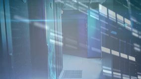 Starting with corridor view, server cabinets receiving scanning light bars showing digital overlay. Technology, data center, digital, cybersecurity, futuristic, network, infrastructure - Powered by Shutterstock - Get 15% off with code: PIKWIZARD15