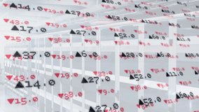 Data overlay appearing initiating camera gliding through central aisle showing white shelving racks. Industrial, logistics, automation, technology, warehouse, inventory, digital - Powered by Shutterstock - Get 15% off with code: PIKWIZARD15