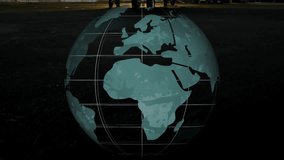 Globe appearing over jet nose while rotating to reveal crew inspecting gear for safety check. Aviation, logistics, engineering, safety, global connectivity, aerospace, teamwork - Powered by Shutterstock - Get 15% off with code: PIKWIZARD15