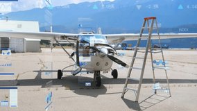 First holographic charts materializing around propeller airplane visualizing flight data metrics. Aerospace, analytics, digital, data visualization, aviation, technology, outdoor - Powered by Shutterstock - Get 15% off with code: PIKWIZARD15