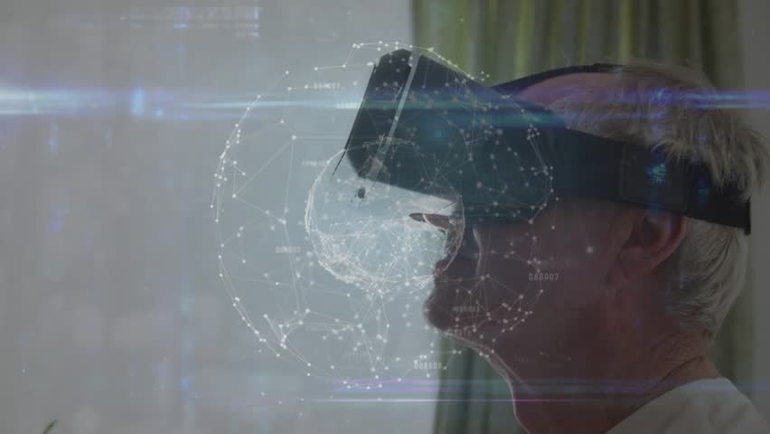 Senior man wearing VR headset tilting head forming rotating globe streaming data for tech insight. Virtual reality, data visualization, digital network, immersive technology, innovation - Powered by Shutterstock - Get 15% off with code: PIKWIZARD15
